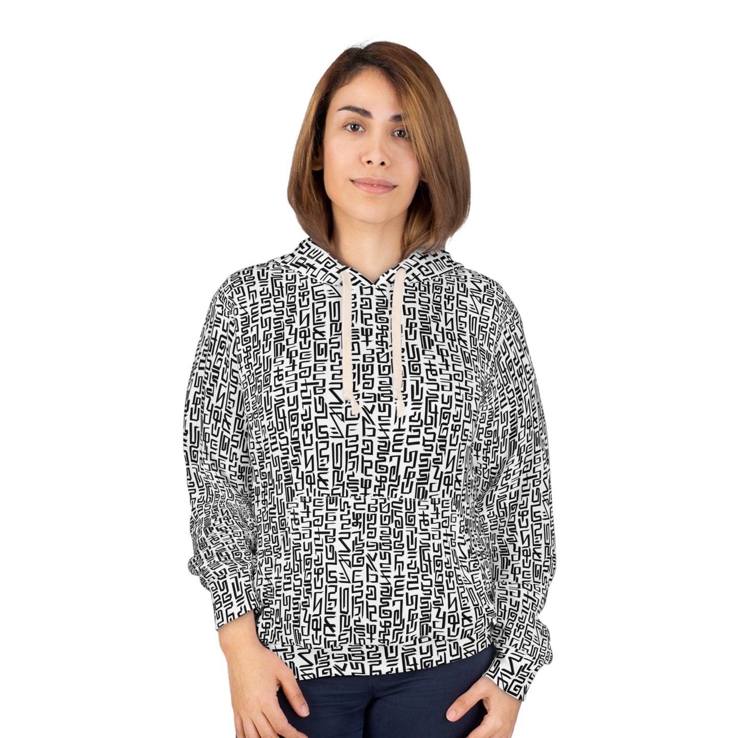 Black and White Light Language Text Pullover Hoodie (AOP)