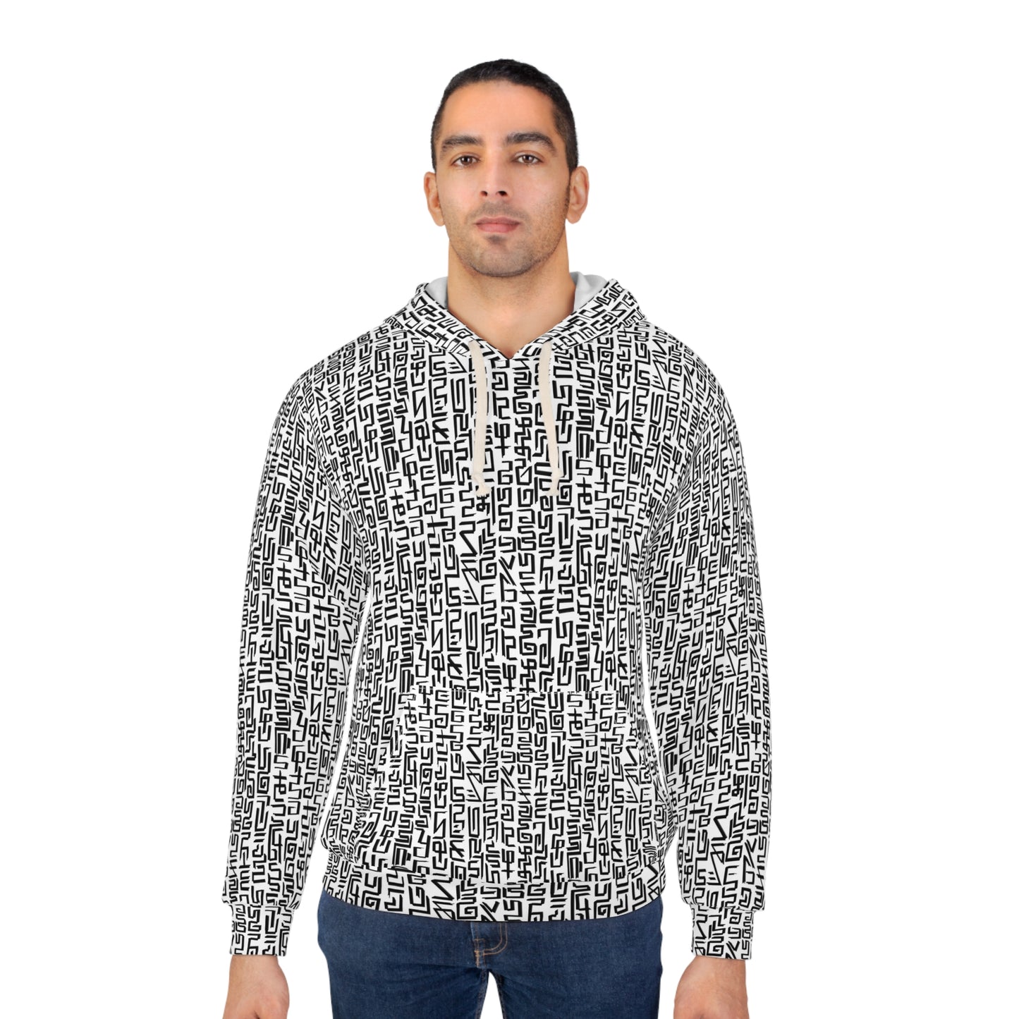 Black and White Light Language Text Pullover Hoodie (AOP)
